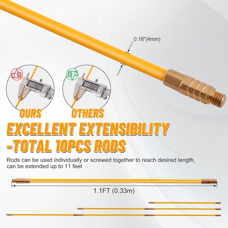 KOOTANS 11FT Fiberglass Running Electrical Wire Cable Glow Rods Wire Pulling Tools Fish Tape Cable Puller Through Wall Snake Fish Rods Kit with Different Attachments - Image 4